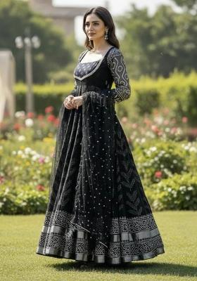 Black Embroidery Muslin Anarkali Set