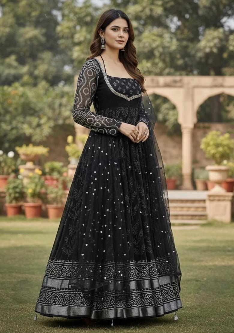 Black Embroidery Muslin Anarkali Set - Indya