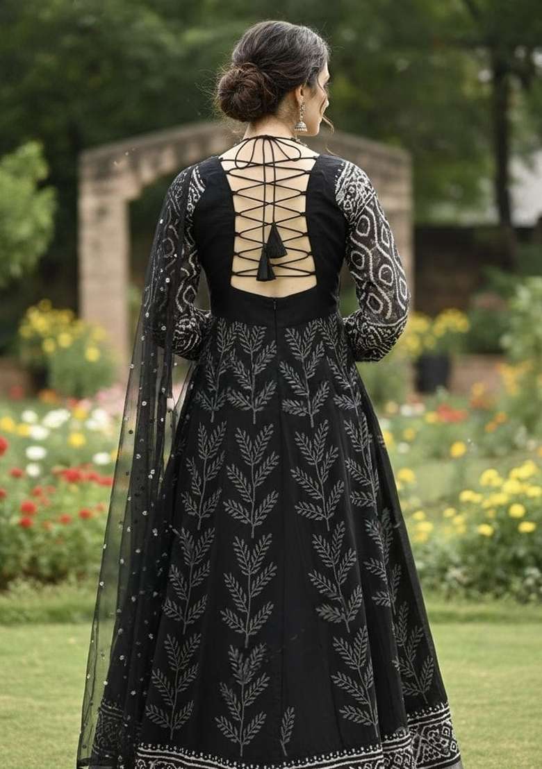 Black Embroidery Muslin Anarkali Set - Indya