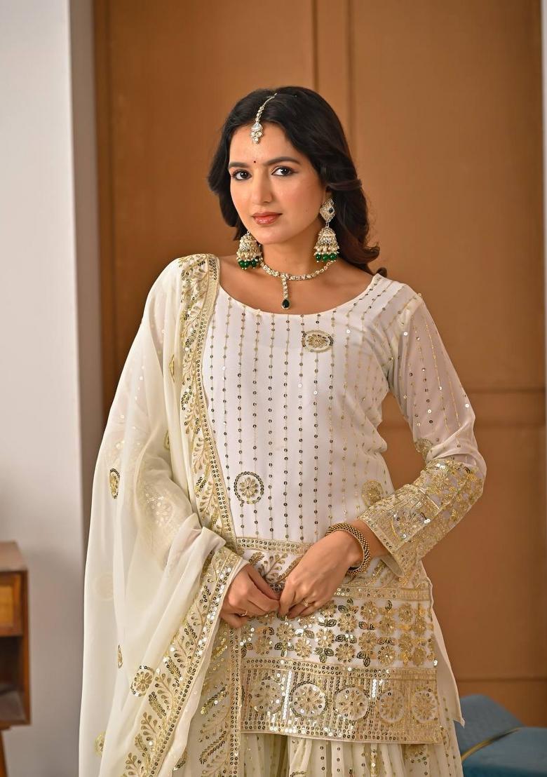 White Embroidery Georgette Sharara Set - Indya
