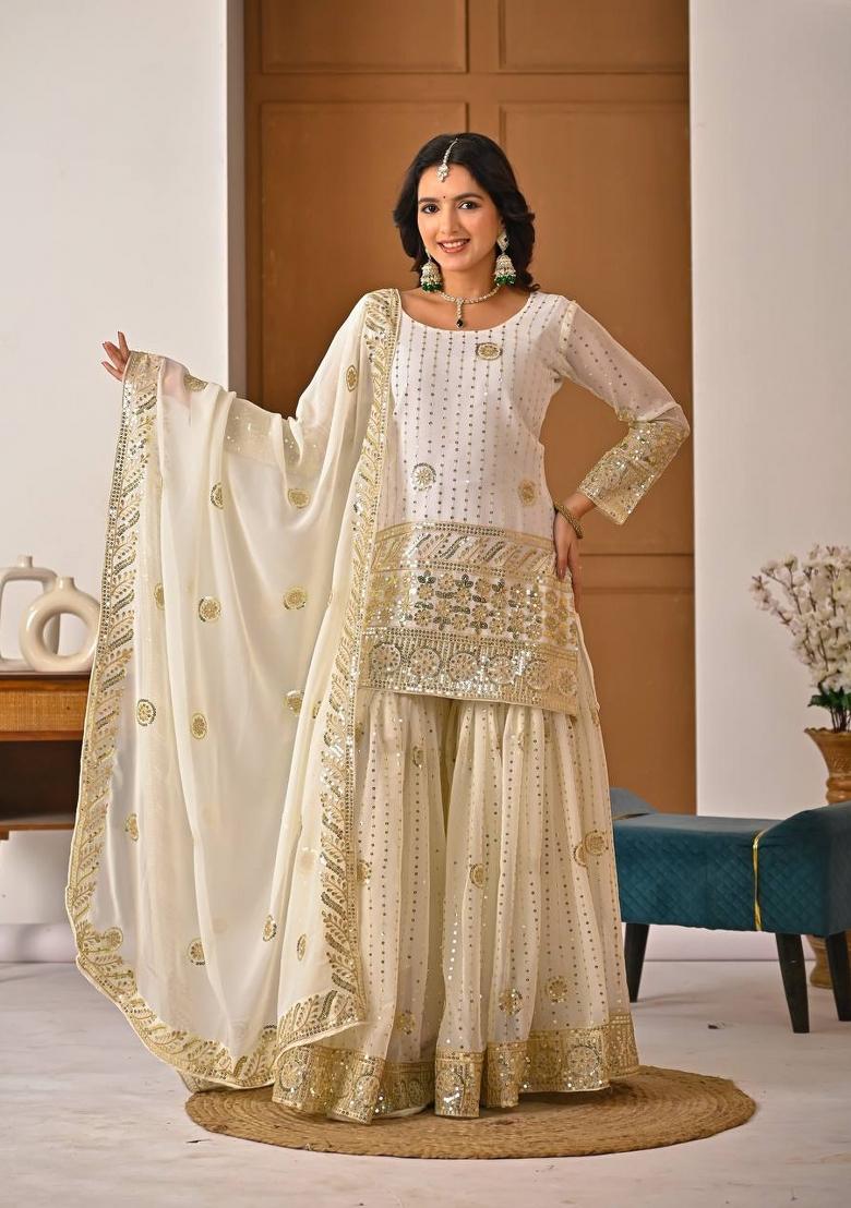 White Embroidery Georgette Sharara Set - Indya