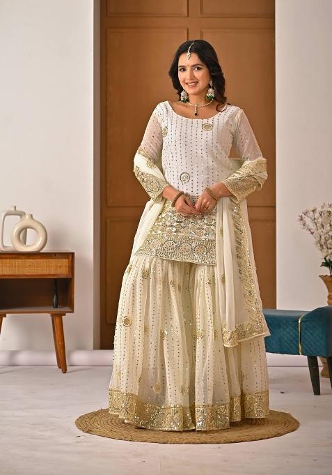 White Embroidery Georgette Sharara Set — view on Indya