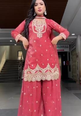 Pink Embroidery Silk Sharara Set