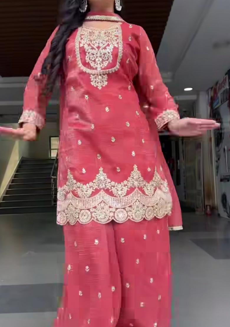 Pink Embroidery Silk Sharara Set - Indya