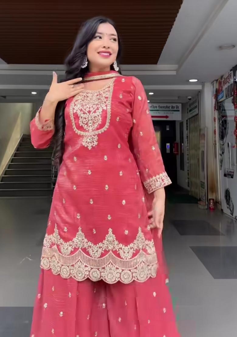 Pink Embroidery Silk Sharara Set - Indya