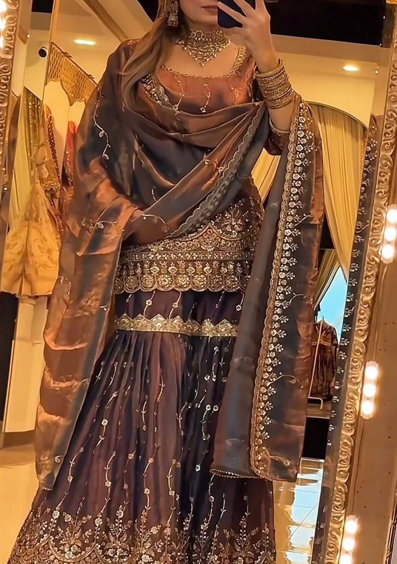 Mehendi Embroidery Silk Sharara Set - Indya