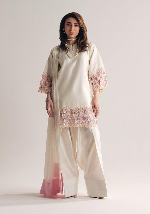 Off White Embroidery Silk Salwar Suit Set — view on Indya
