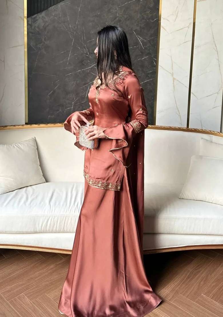 Dark Orange Embroidery Silk Sharara Set - Indya