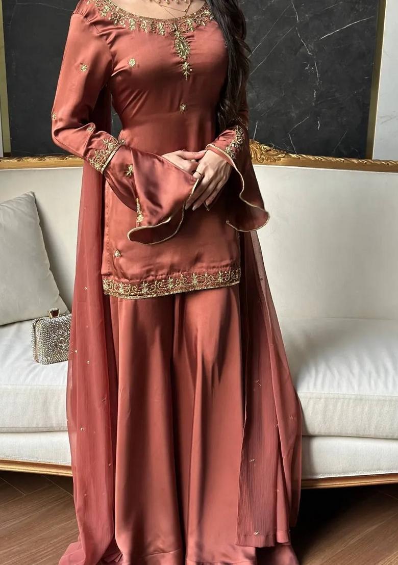 Dark Orange Embroidery Silk Sharara Set - Indya