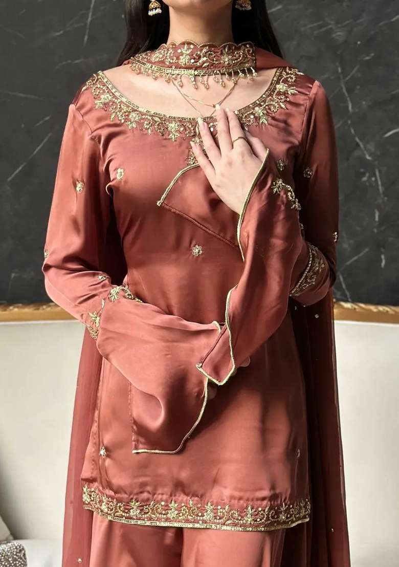 Dark Orange Embroidery Silk Sharara Set - Indya