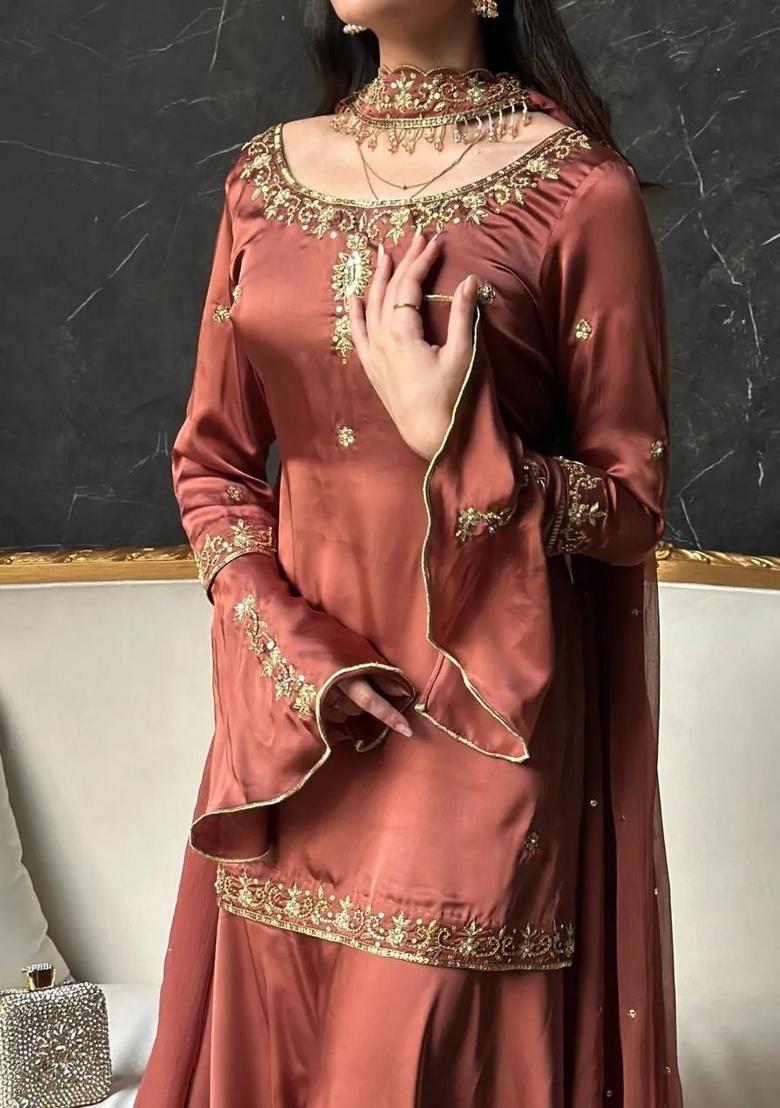 Dark Orange Embroidery Silk Sharara Set - Indya