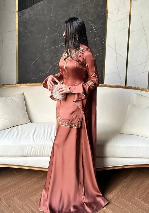 Dark Orange Embroidery Silk Sharara Set