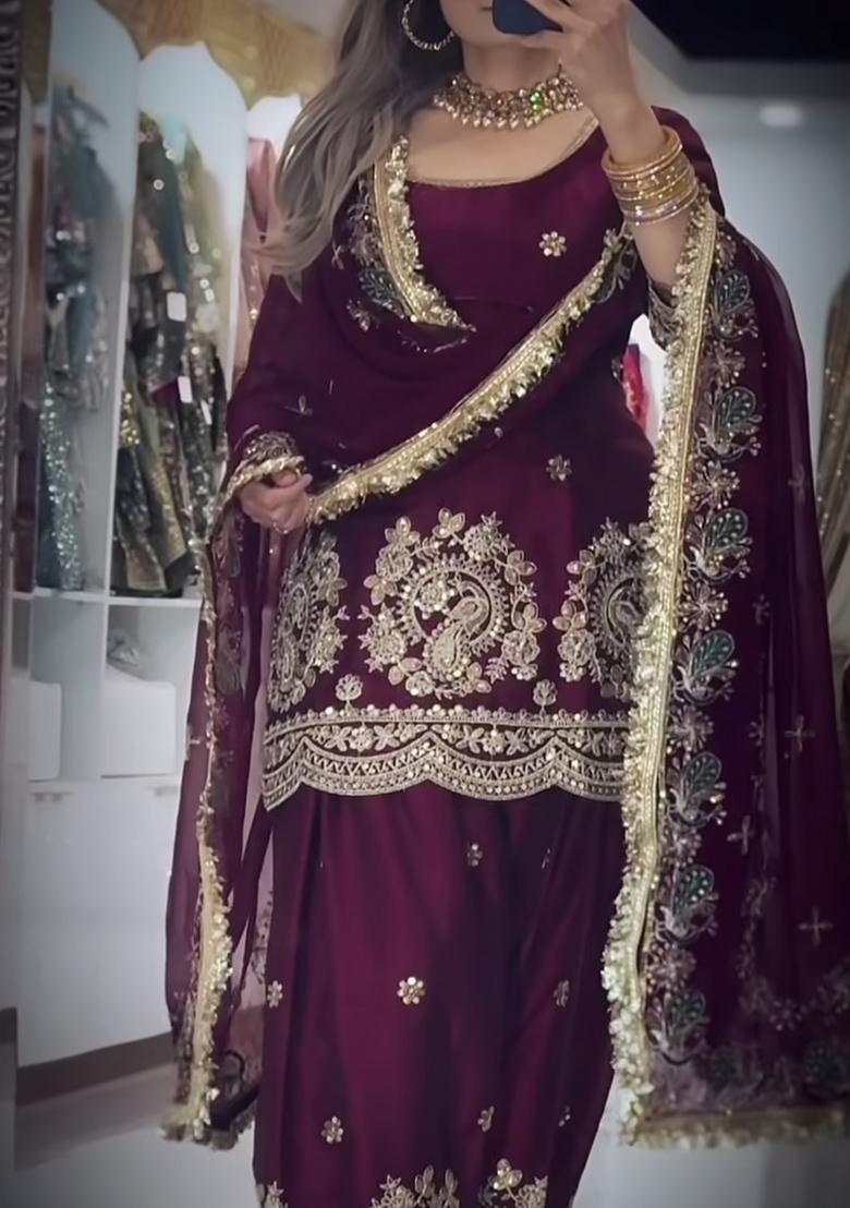 Wine Embroidery Silk Salwar Suit Set - Indya