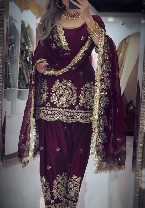 Wine Embroidery Silk Salwar Suit Set — view on Indya