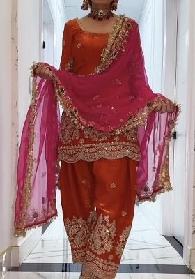 Orange Embroidery Silk Salwar Suit Set