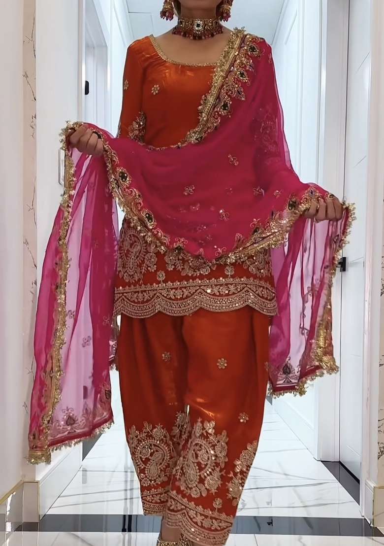 Orange Embroidery Silk Blend Salwar Suit Set - Indya