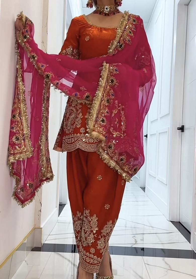 Orange Embroidery Silk Salwar Suit Set - Indya