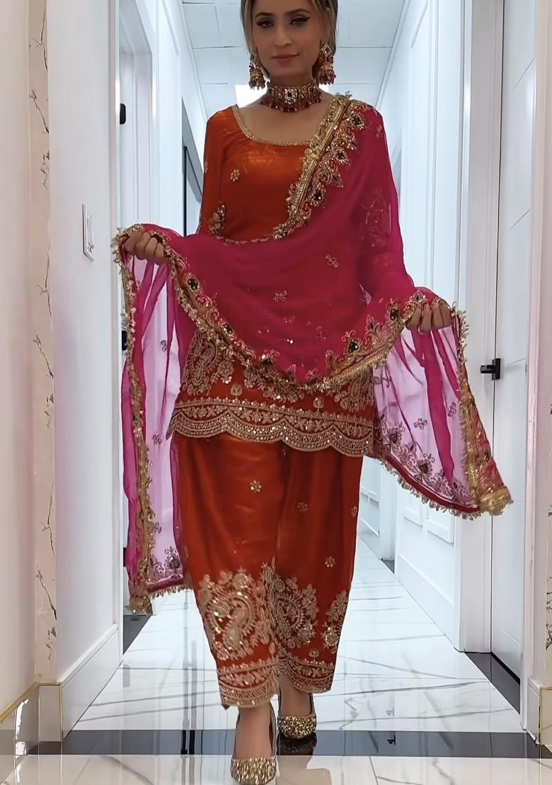 Orange Embroidery Silk Salwar Suit Set - Indya