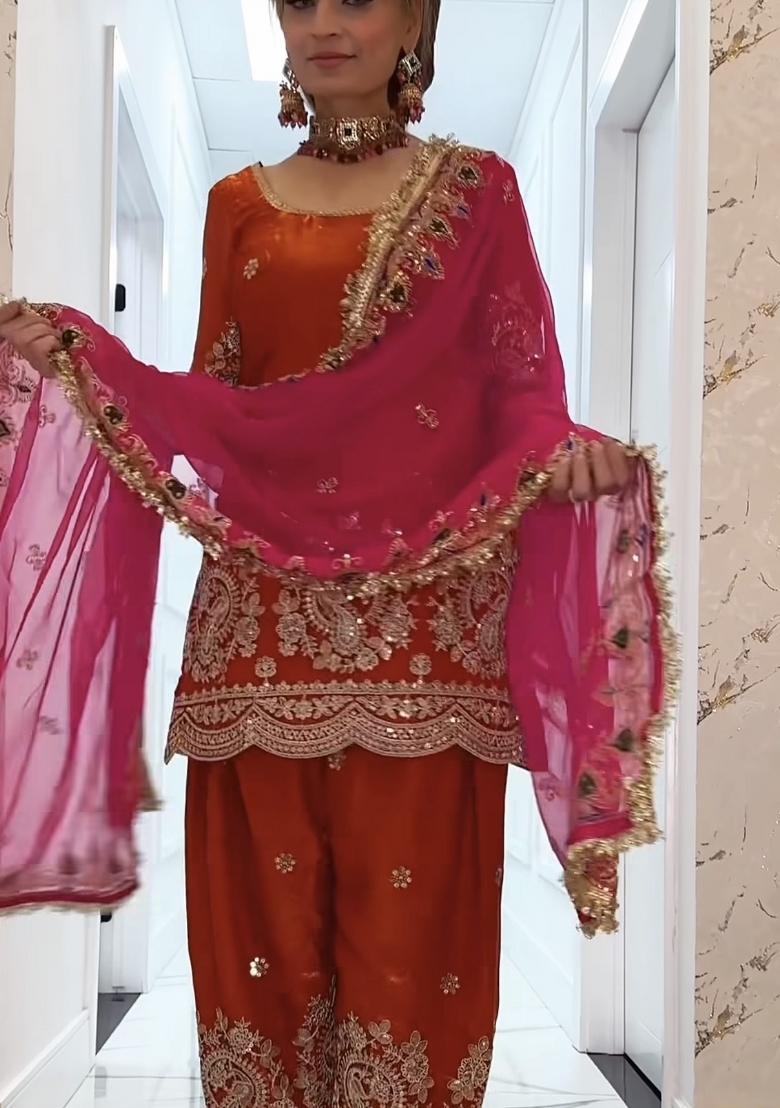 Orange Embroidery Silk Salwar Suit Set - Indya
