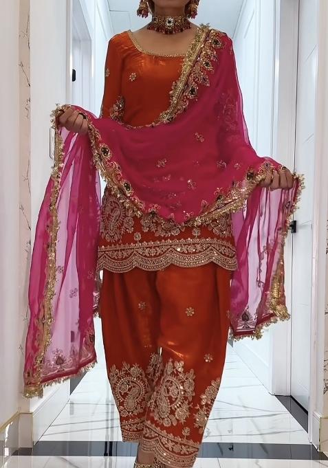 Orange Embroidery Silk Blend Salwar Suit Set