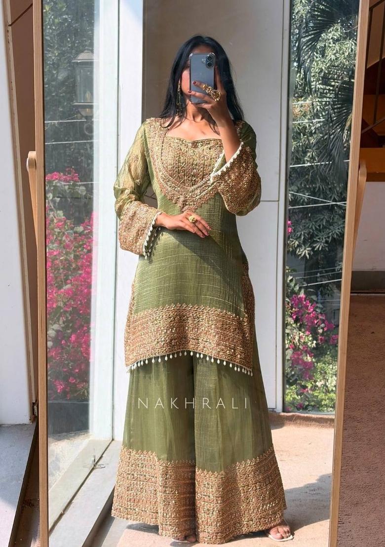 Mehendi Embroidery Silk Palazzo Set - Indya