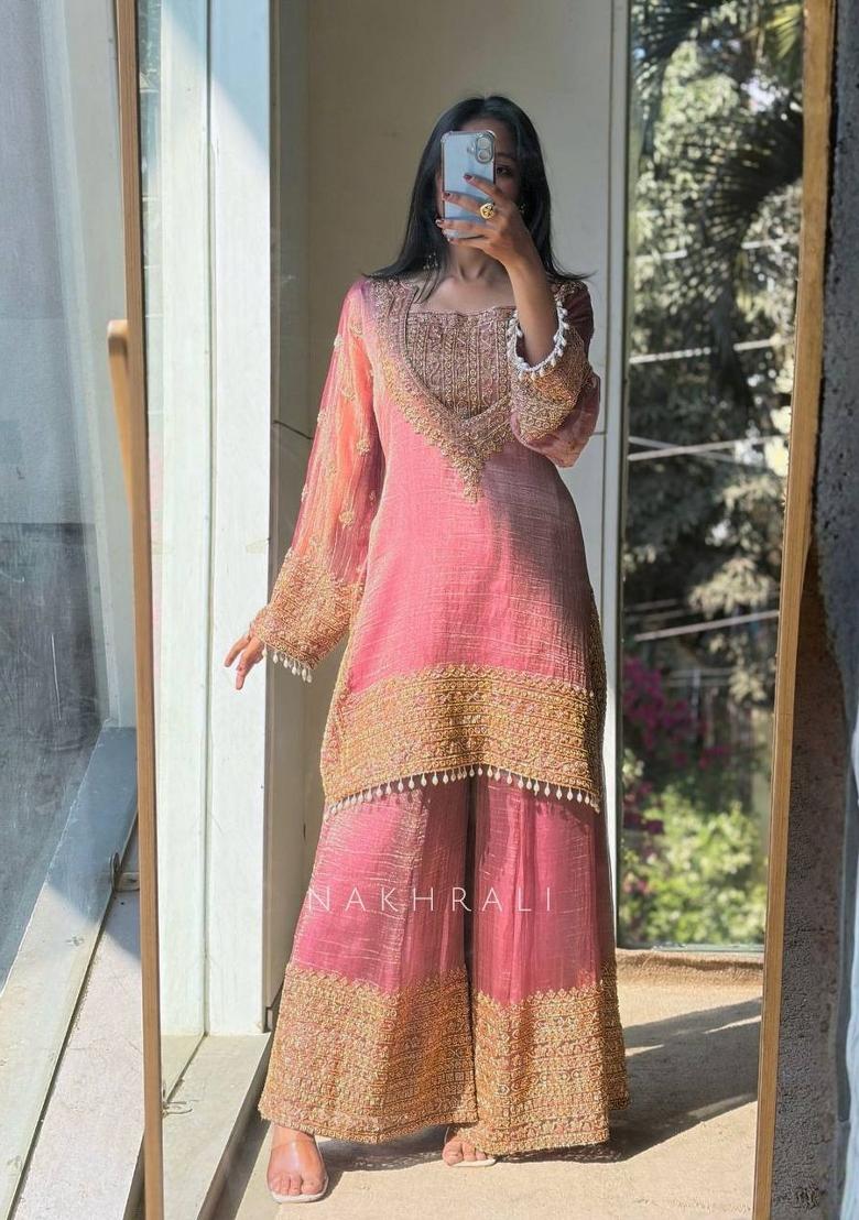 Pink Embroidery Silk Palazzo Set - Indya