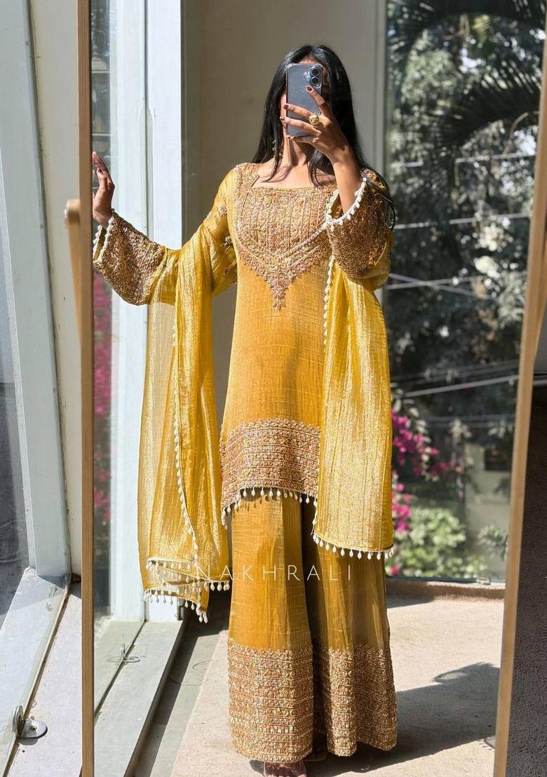 Yellow Embroidery Silk Palazzo Set - Indya
