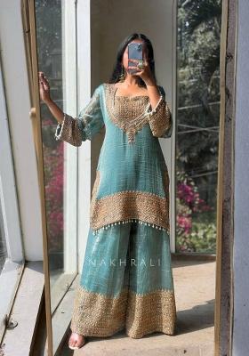 Sky Green Embroidery Silk Palazzo Set