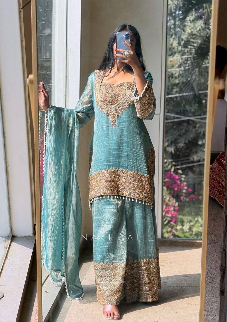 Sky Green Embroidery Silk Palazzo Set - Indya