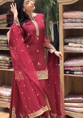Red Embroidery Silk Sharara Set