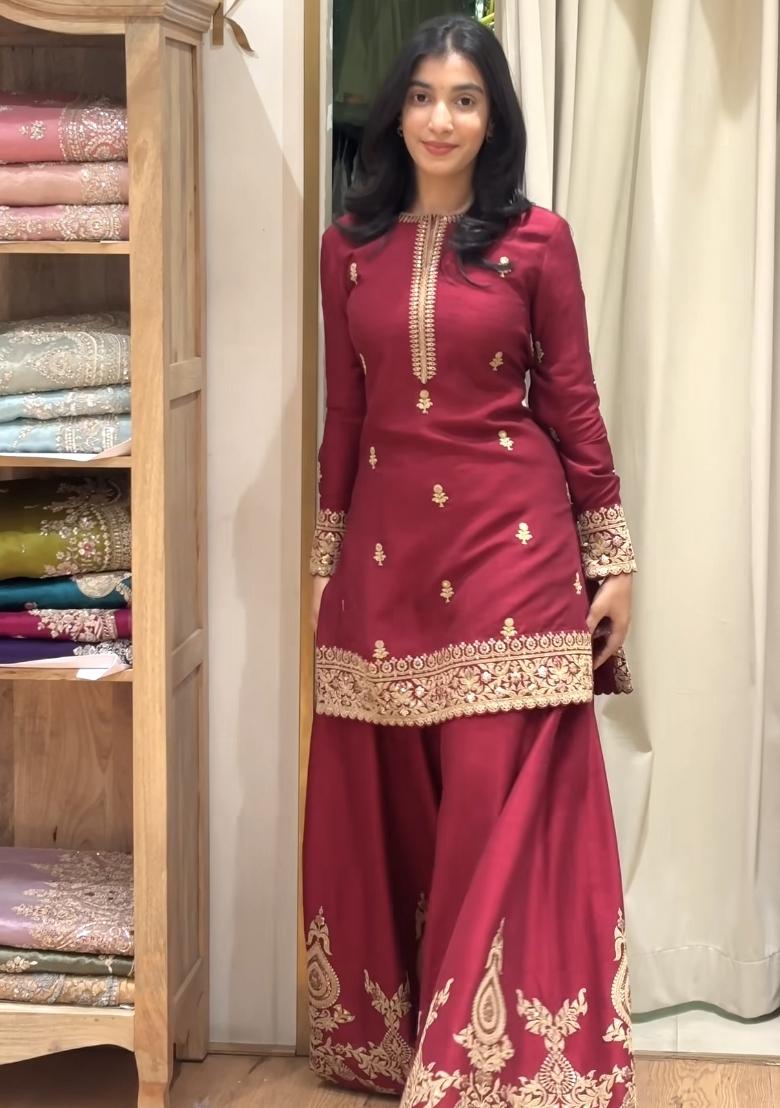 Red Embroidery Silk Sharara Set - Indya