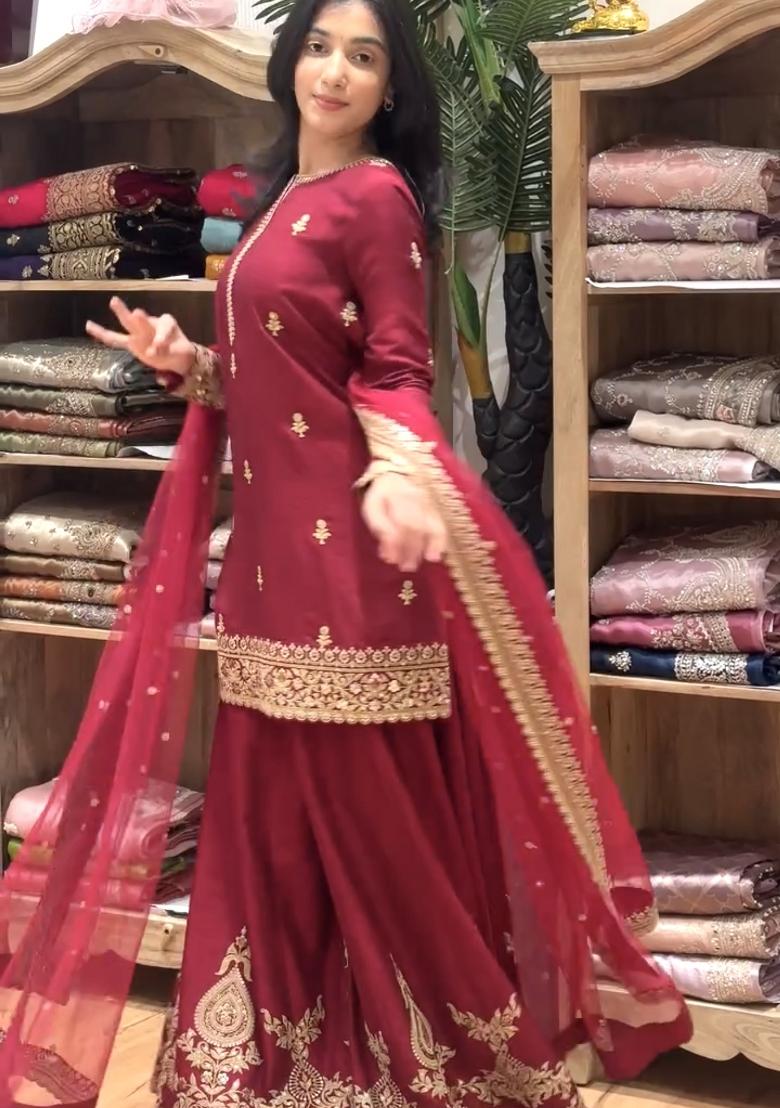 Red Embroidery Silk Sharara Set - Indya