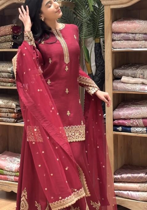 Red Embroidery Silk Sharara Set — view on Indya