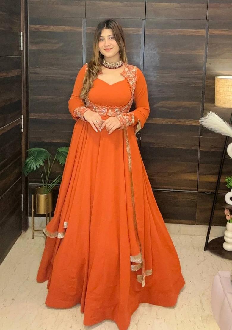Orange Embroidery Georgette Sharara Set - Indya