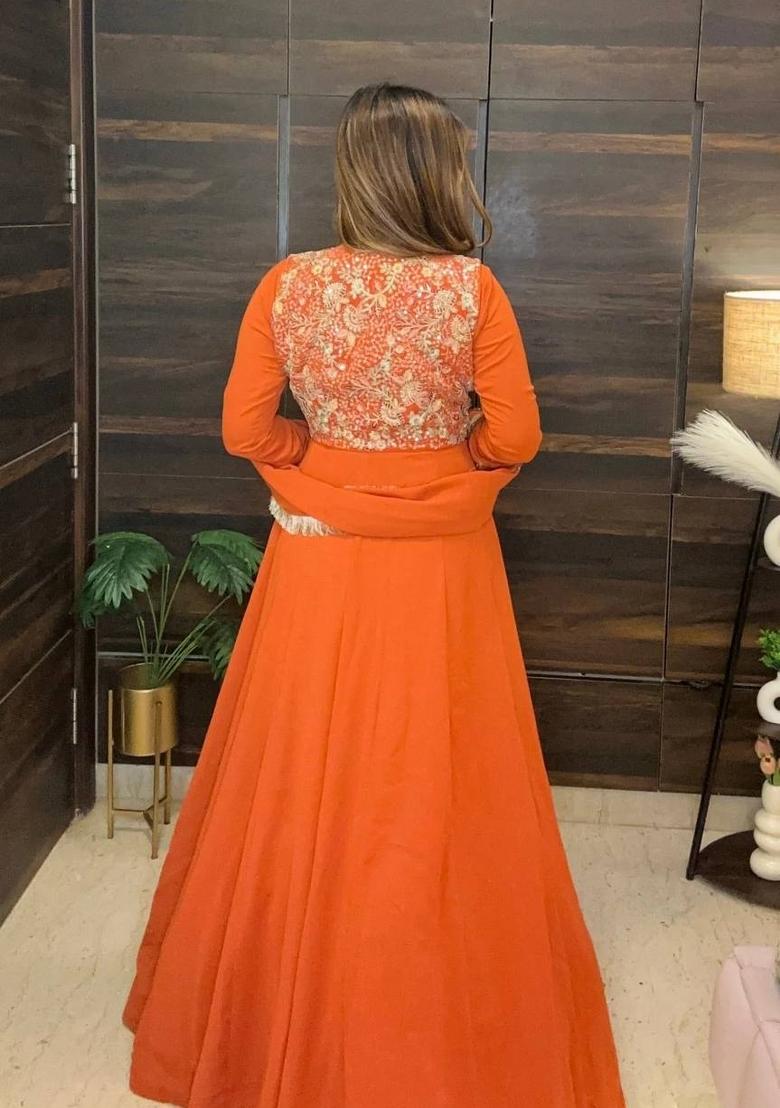Orange Embroidery Georgette Sharara Set - Indya