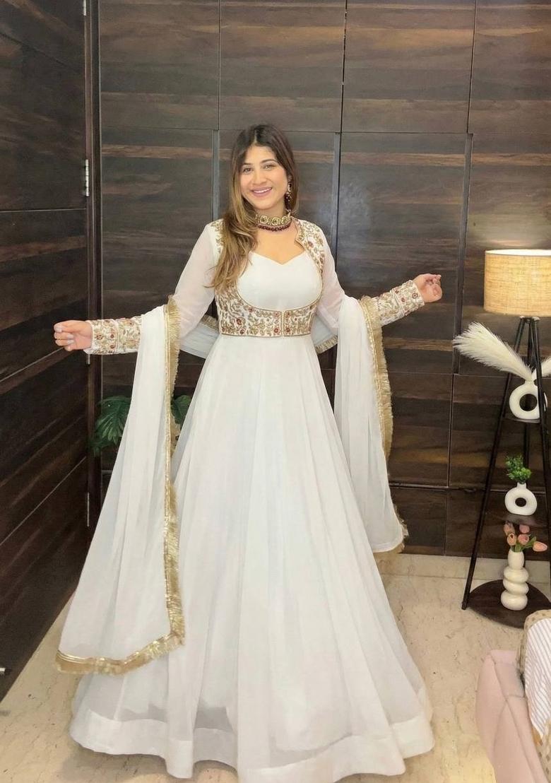 White Embroidery Georgette Sharara Set - Indya