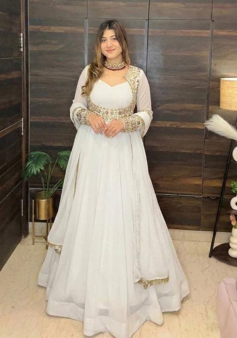 White Embroidery Georgette Sharara Set — view on Indya
