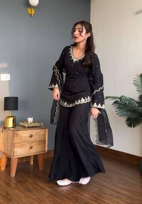 Black Embroidery Silk Sharara Set