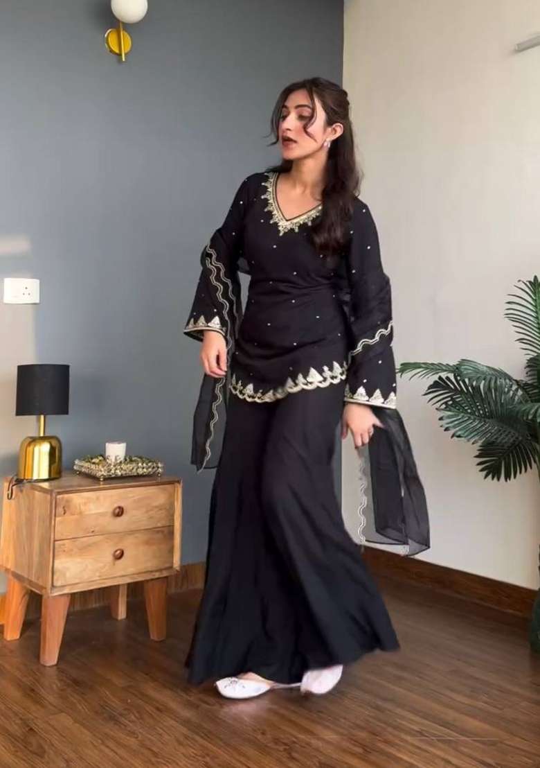 Black Embroidery Silk Sharara Set - Indya
