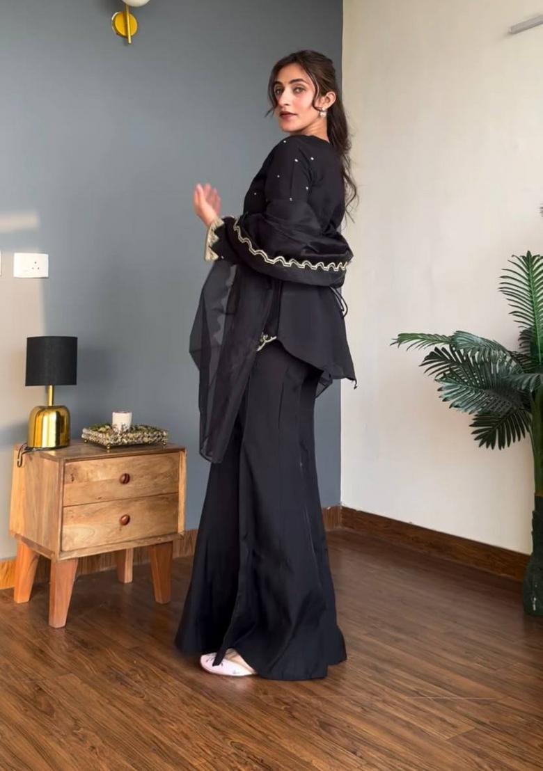 Black Embroidery Silk Sharara Set - Indya