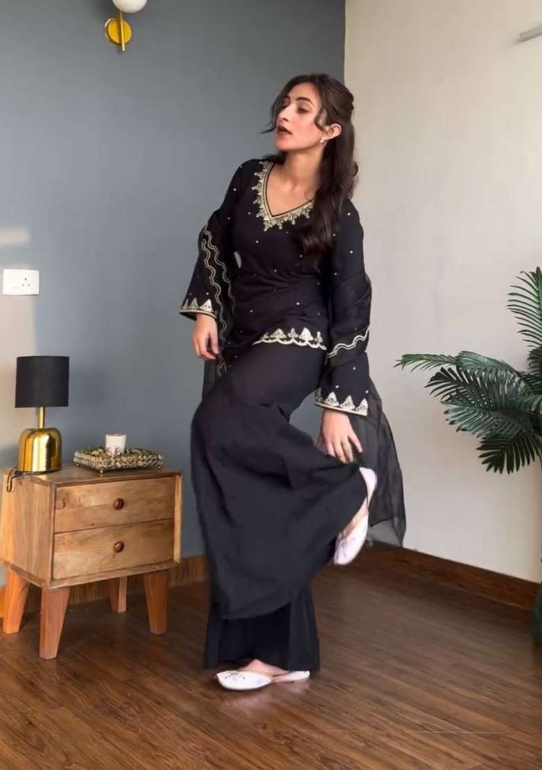 Black Embroidery Silk Sharara Set - Indya