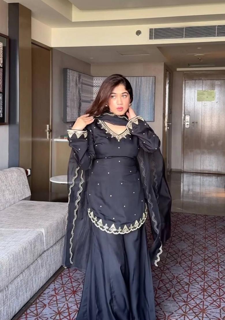 Black Embroidery Silk Sharara Set - Indya