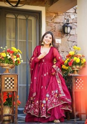 Red Embroidery Orgenza Palazzo Set