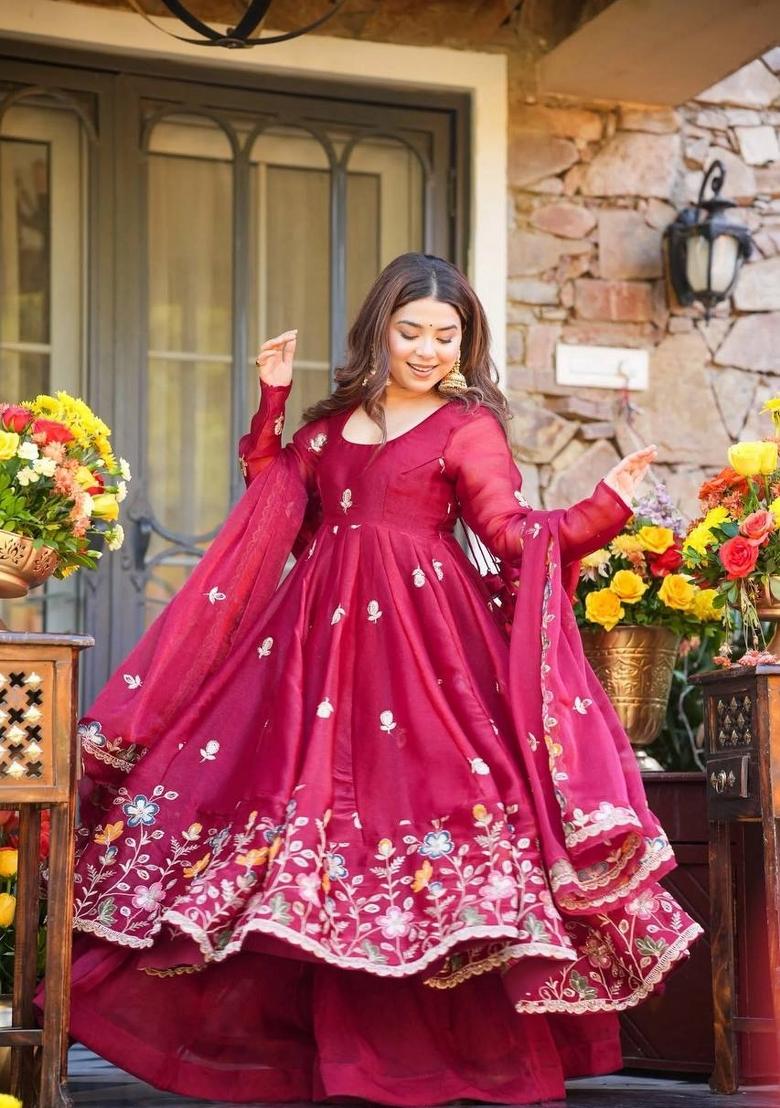Red Embroidery Orgenza Palazzo Set - Indya