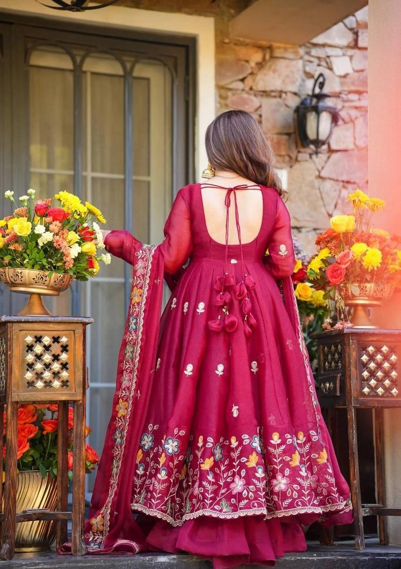Red Embroidery Orgenza Palazzo Set - Indya