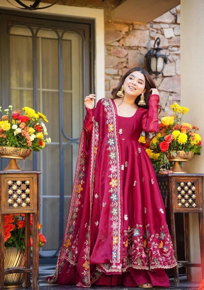 Red Embroidery Orgenza Palazzo Set - Indya