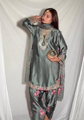 Grey Embroidery Satin Salwar Suit Set