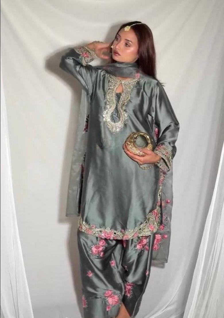 Grey Embroidery Satin Salwar Suit Set - Indya