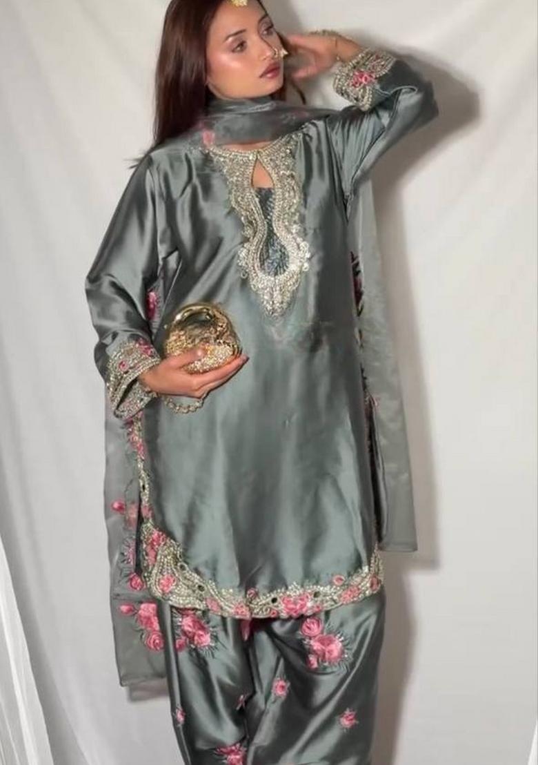 Grey Embroidery Satin Salwar Suit Set - Indya