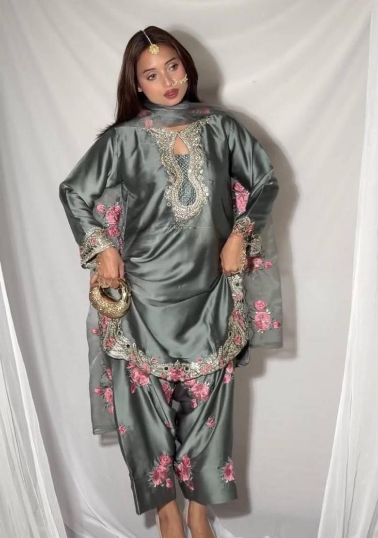 Grey Embroidery Satin Salwar Suit Set - Indya